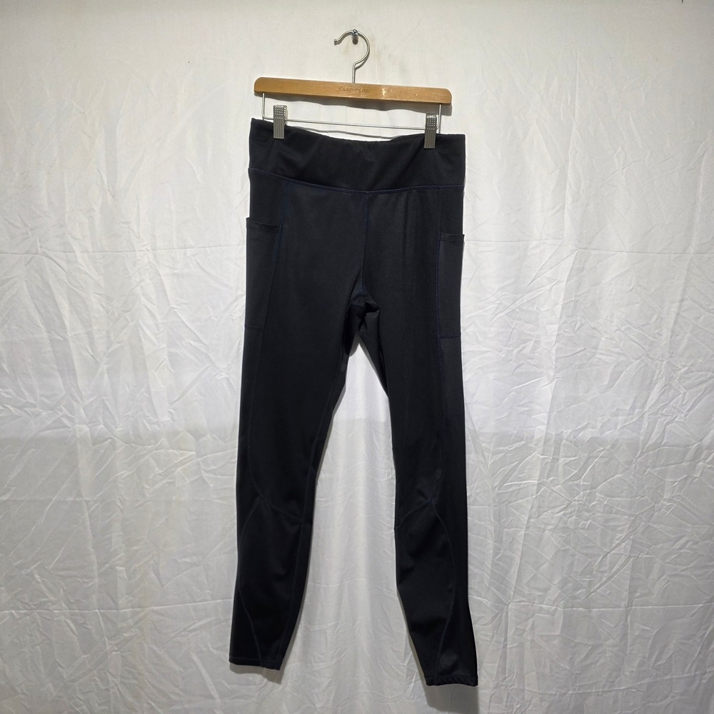 Fabletics Black High Waisted Athletic Leggings Pockets Blue Stitching Womens